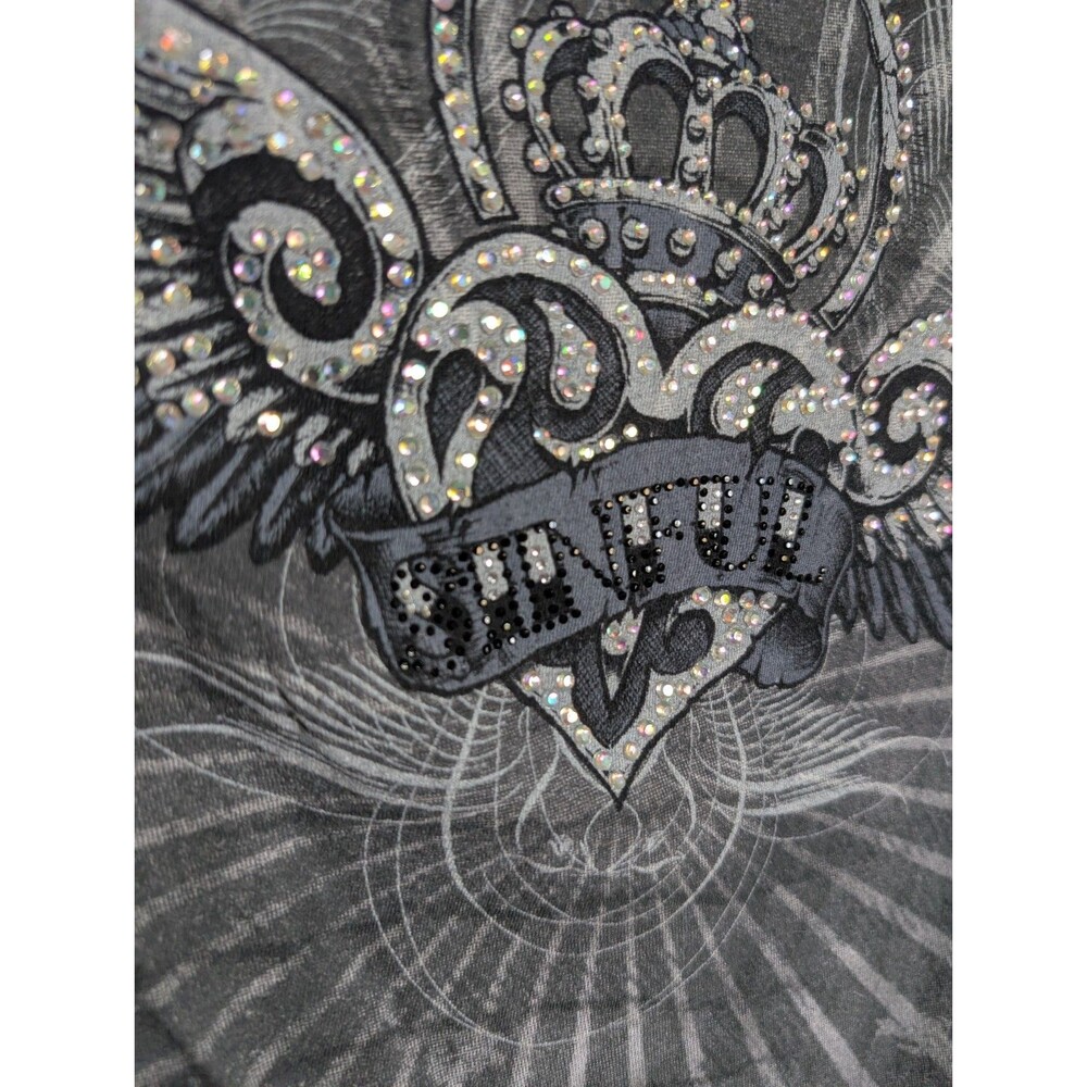 SINFUL AFFLICTION Y2K 00s Wing Bling Long Sleeve Shirt Layered Crest Biker - Picture 9 of 9